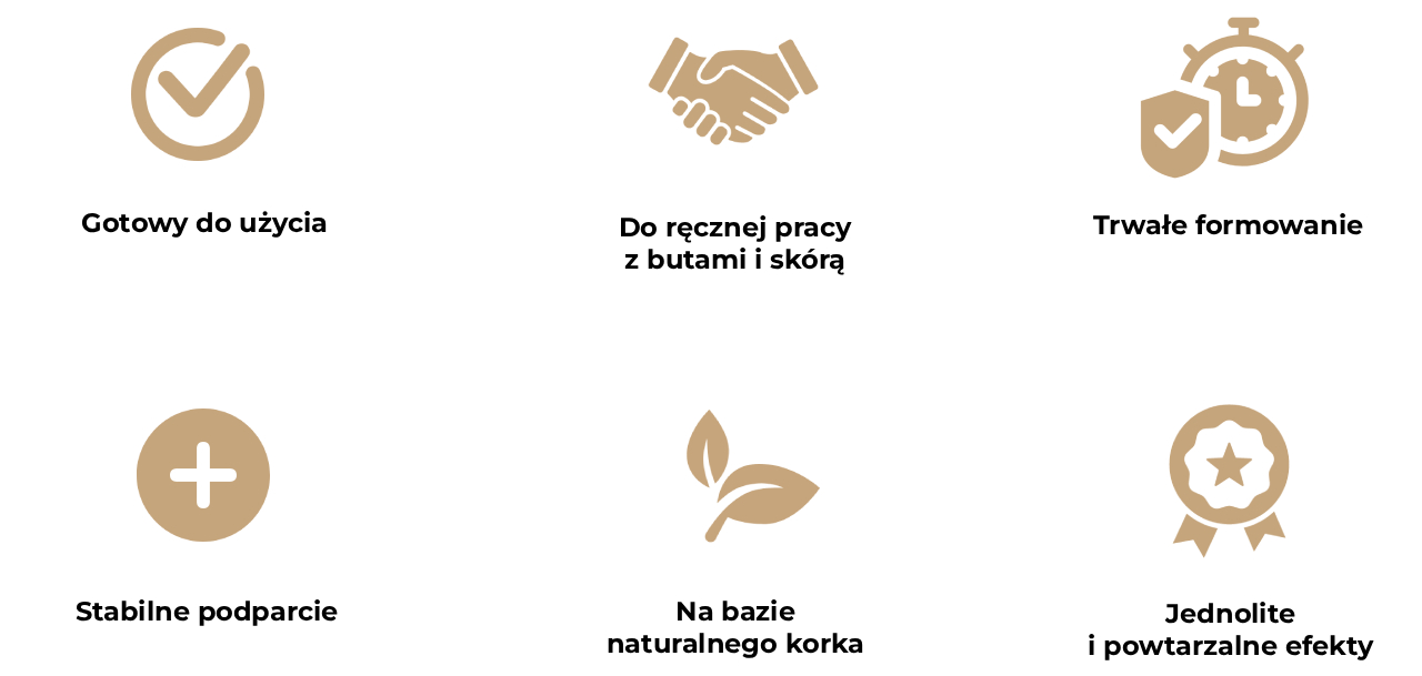 Obraz przedstawia sześć ikon opisujących zalety wypełniacza korkowego do podeszw i tłoczenia skóry.